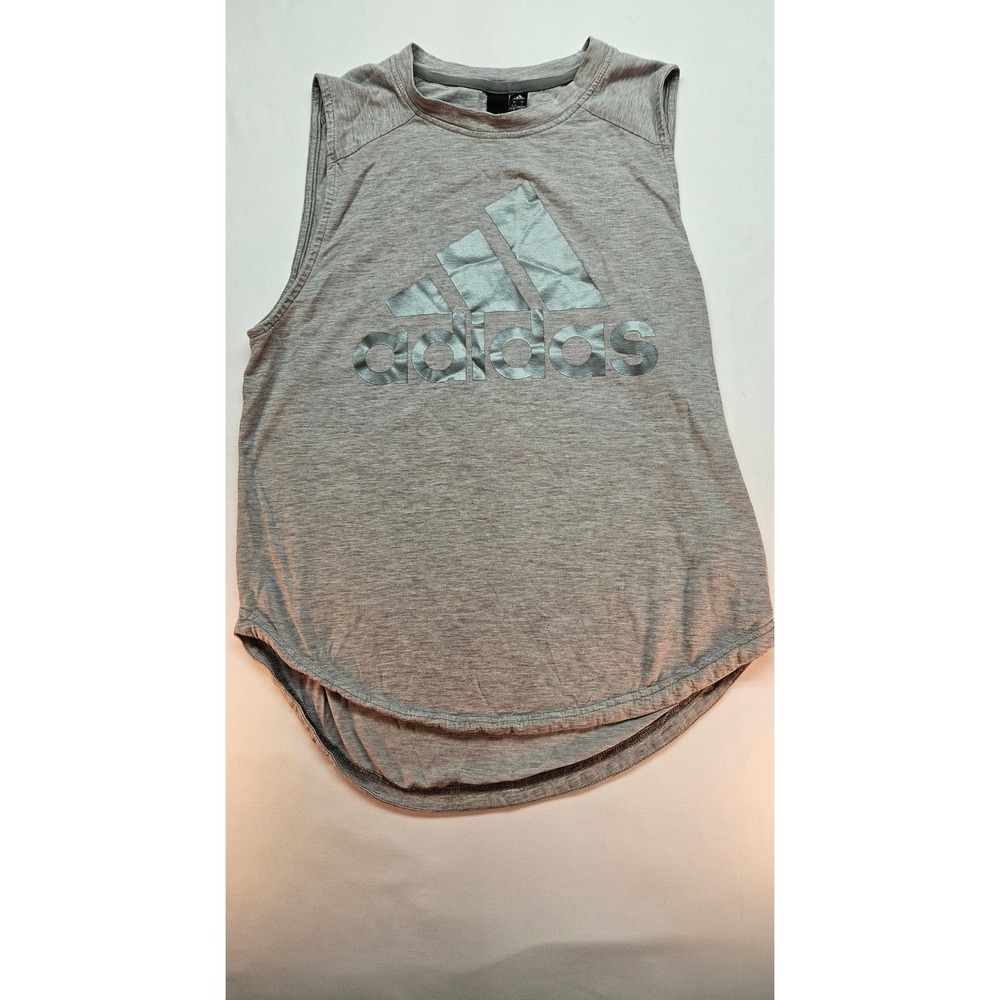 Adidas Womens Heather Grey Metallic Silver Logo Muscle Tank Top Shirt Small